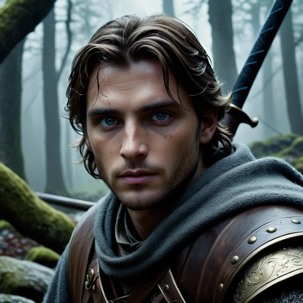 (best quality,4k,8k,highres,masterpiece:1.2),ultra-detailed,(realistic,photorealistic,photo-realistic:1.37),detailed facial features,expressive eyes,weathered face,strong jawline,striking appearance,hunter eyes,distinctive scar,medieval fantasy setting,dark atmosphere,misty forest,sword-wielding protagonist,monster slayer,dangerous missions,heroic quests,action-packed battles,epic landscapes,majestic castles,mysterious magic,cinematic compositions,rich color palette,dramatic lighting,moody ambiance,emotional depth,enchanted world,majestic creatures,menacing villains,visual storytelling,fantasy adventure,hero's journey,mysterious encounters,secrets and mysteries,larger-than-life moments,an epic tale of destiny and fate