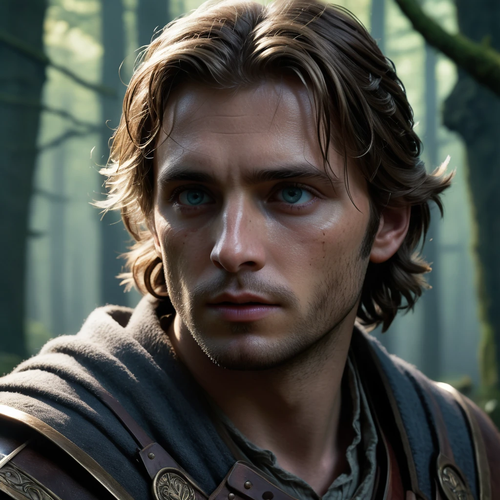 (best quality,4k,8k,highres,masterpiece:1.2),ultra-detailed,(realistic,photorealistic,photo-realistic:1.37),detailed facial features,expressive eyes,weathered face,strong jawline,striking appearance,hunter eyes,distinctive scar,medieval fantasy setting,dark atmosphere,misty forest,sword-wielding protagonist,monster slayer,dangerous missions,heroic quests,action-packed battles,epic landscapes,majestic castles,mysterious magic,cinematic compositions,rich color palette,dramatic lighting,moody ambiance,emotional depth,enchanted world,majestic creatures,menacing villains,visual storytelling,fantasy adventure,hero's journey,mysterious encounters,secrets and mysteries,larger-than-life moments,an epic tale of destiny and fate