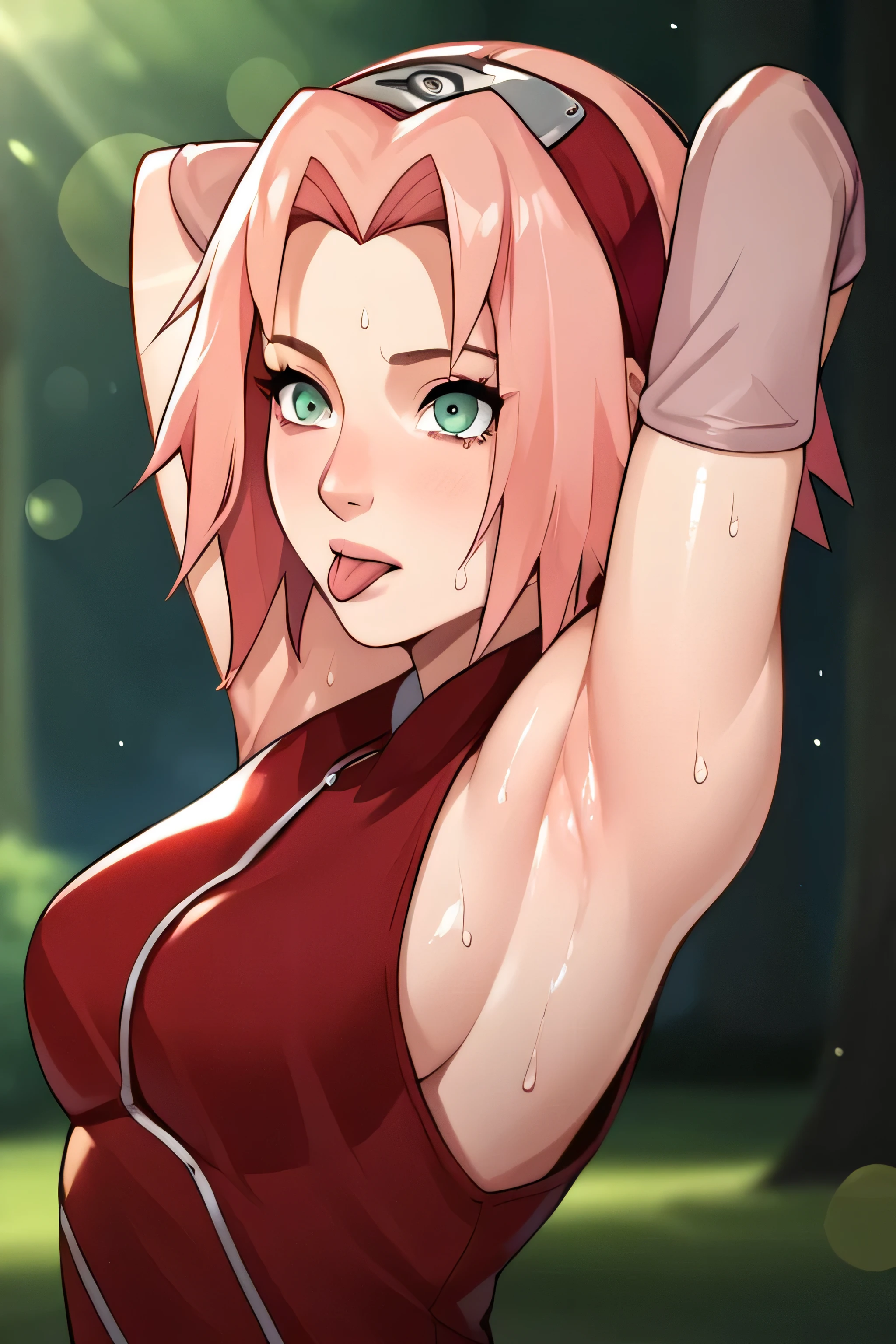 score_9,score_8_up,score_7_up,score_6_up,score_5_up,score_4_up BREAK skinny,choker,medium breasts,detached sleeves,outdoors,forest,shiny skin,bokeh,bloom,indoors,light particles,castle,space,1girl,haruno sakura,pink hair,short,hair,green eyes,forehead protector,,sleeveless,arms behind head,armpit,armpits,sweaty,sweat,arms behind head,exhausted,sleeveless,cross eyed,sweaty armpits,eyes crossed,cross eyed,eyeroll,tongue out,protruded tongue,showing tongue,tongue