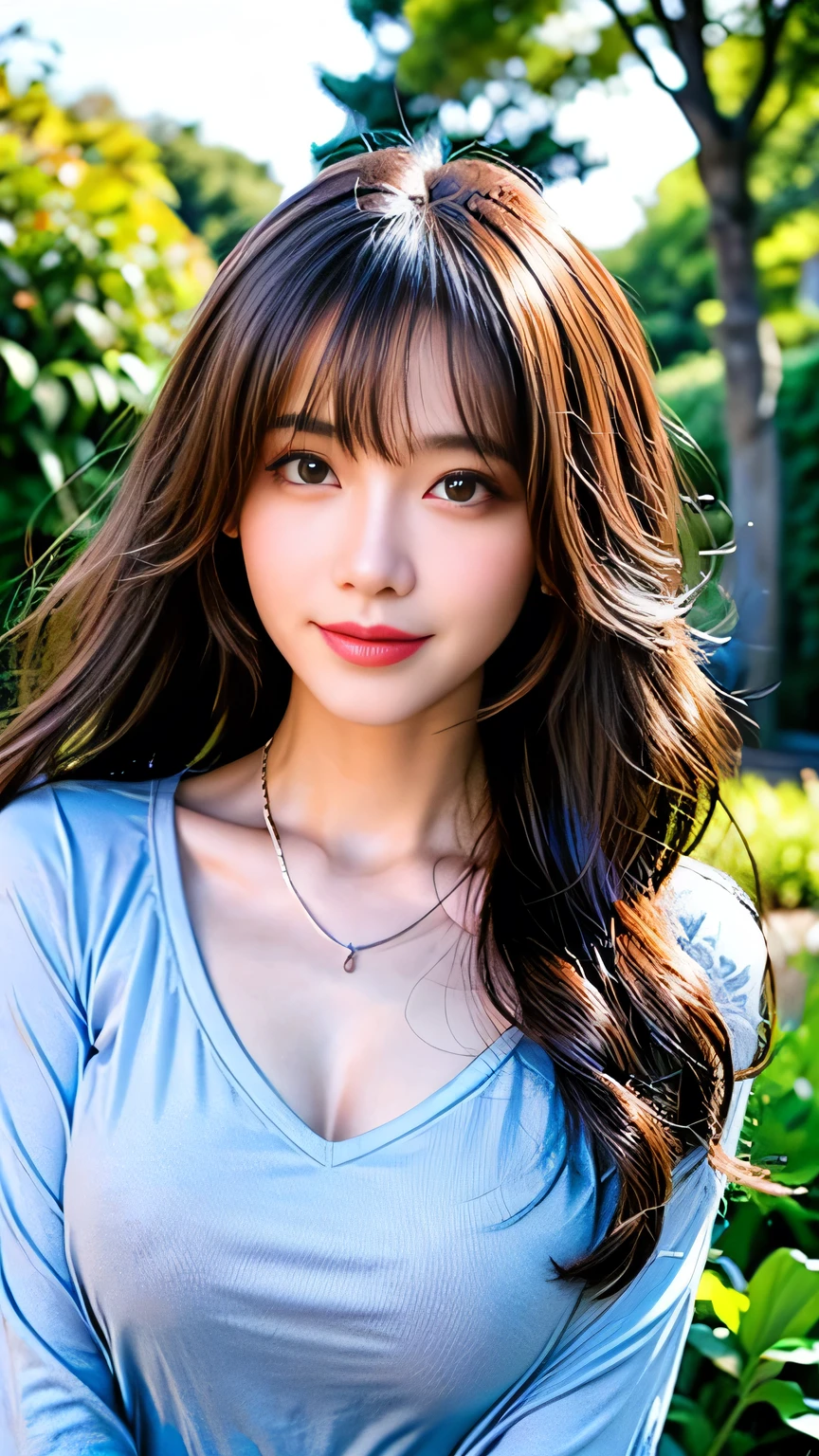 Full Body Angle、((highest quality, 8K, masterpiece: 1.3)), concentrated: 1.2, Cute girl 1,Nipples erect、 Perfect beauty: 1.4,Crisscross V-neck T-shirt, Casual summer short sleeve t-shirt: 1.2,Long sleeve、Randall Color、comics&Text Graphics、Black ruffle-trimmed drawstring zip blouse,1.1, Highly detailed face and skin textures, Fine grain, double eyelid, whitening skin, ,highest quality,Ultra-high resolution,you,1 girl,alone,_Shiny_skin,Iris,necklace,((Brown_length_Wavy_hair)),(lips)),eyelash,Front hair,deal with,compensate,Shiny,pore,skin texture,Large Breasts、smiling face、Front hair、garden、