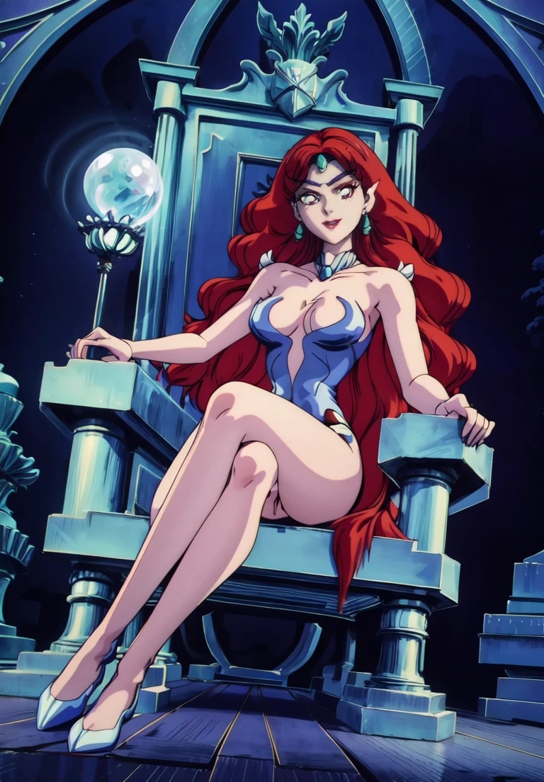 QueenBeryl, evil smile, (magical, magnificent, masterpiece:1.3), full body view, crown, big breasts, white pale skin, long curvy hair, front view, sitting, on thrones, sexy, spread legs, pussy, shy, nude body,