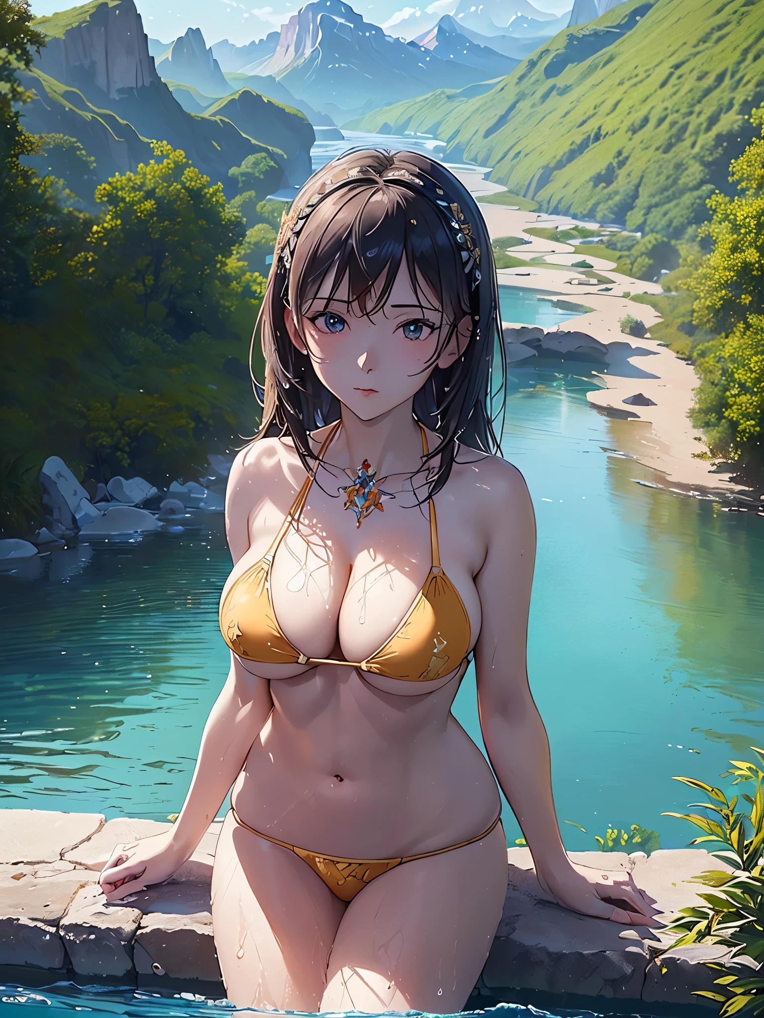 ((highest quality)),(Ultra-high resolution),(Super detailed new),(Detailed Description),((The best CG)),(A masterpiece),Ultra-detailed art,A wonderful new art form,(Art with precise detail:1.5), (Woman in bikini swimsuit:1.6),(Cleavage:1.5)