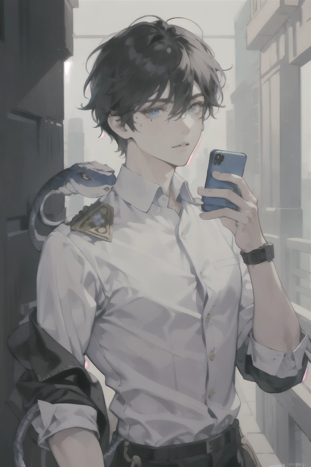 masterpiece, best quality, ultra detailed, (solo man), (male focus), ((Oblong face)), ((Square jawline)), black hair, ((hairs between eyes)), ((shoulder length)), ((narrow blue eye)), fair skin, skinny body, beauty mark, {uniform, outfit, clothes}, dress shirt, watch, holding a phone, stand against the wall, big white snake tangled