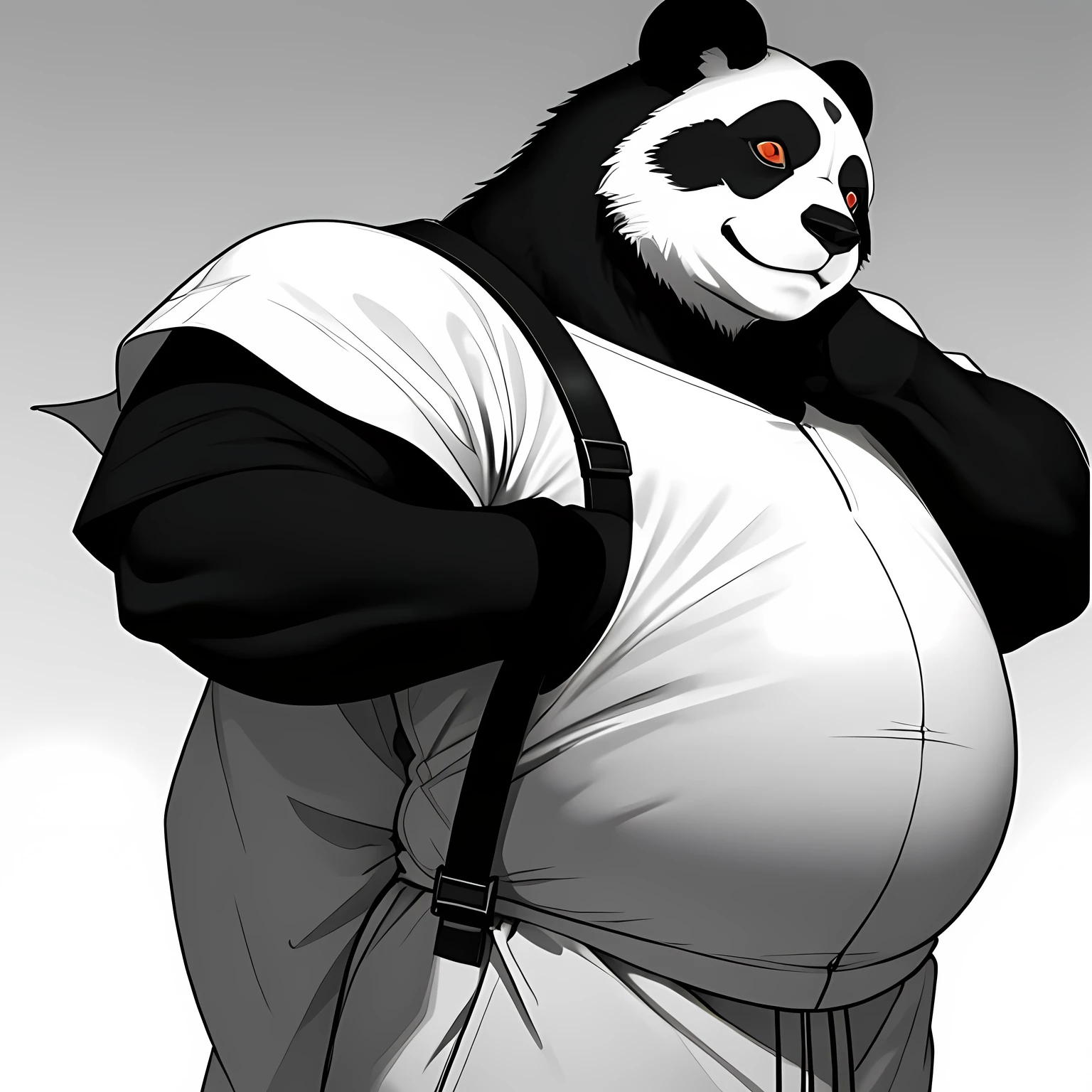 Monochrome photo, Grayscale, Giant Panda (Masterpiece, 8K, hyper-realistic, best quality, art by Chunie), a massive anthropomorphic panda with a distinctively angry expression, dressed in white pants with a black waist strap. The panda has a fat, round body, and is posed in a side view, with a calm and collected posture. Its large, beautiful eyes are adorned with long, luxurious eyelashes, and it has a sultry, tempting smile. Its thick, shiny fur covers its chubby body, and it sports short updo hair and beautifully done makeup, complete with eye shadow and glossy lipstick. 