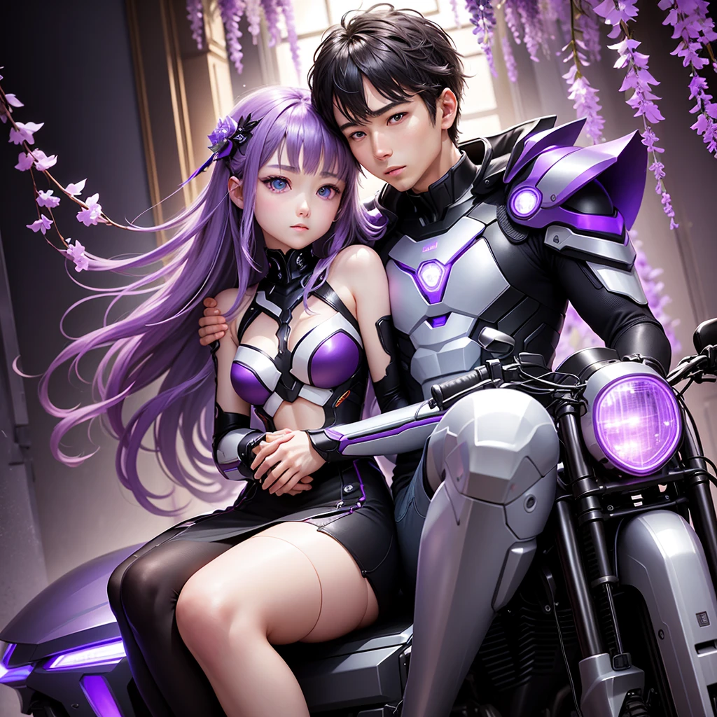 anime、highest quality、Masterpiece、Official Art、16K、The best composition、The best light source、Super detailed、super beautiful、Super detailedな目、A futuristic couple riding a motorcycle, the girl is sitting behind the boy and hugging him from behind with her arms around his stomach、The bike is futuristic and purple neon、Boys have gray hair、The picture frame is a fractal art of wisteria trellis and the purple LED joint lighting creates a fantastic effect、aya、Wisteria blossoms falling like snow、