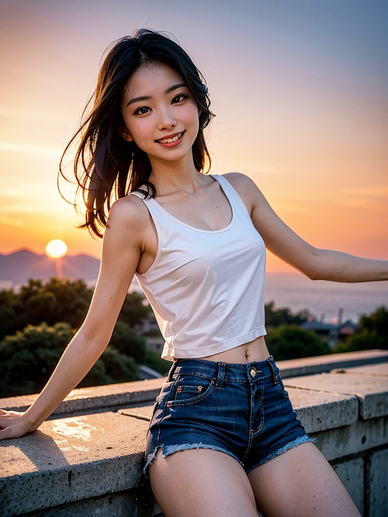 1girl, photo model, smile, focus to viewer, beautiful lighting, best quality, masterpiece, ultra highres, photorealistic, black hair, short tank top, short pants, long stocking, medium breasts, white skin,( sunset background:1.4)