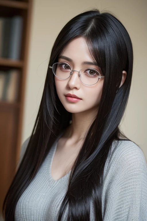 8k, highest quality, masterpiece, realistic, Photoreal, super detailed, Natural light, 1 person, 35 year old female, black hair, medium length straight hair, silver rim glasses, ((look into the viewer's eyes)), pendant, ((((gray knit V-neck shirt)))), highly detailed face and skin, detailed eye, highly detailed face and skin