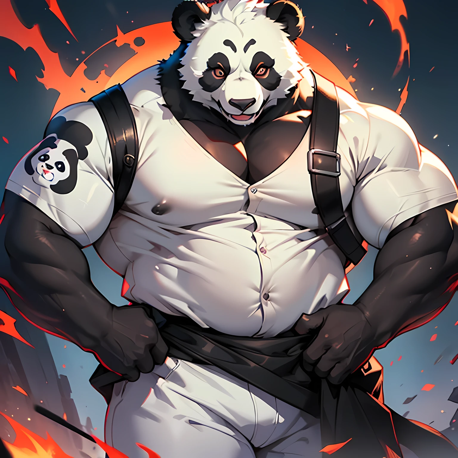 Giant Panda (Masterpiece, 8K, Hyper-Realistic, Best Quality, Art by Chunie): A colossal anthropomorphic panda, exuding an angry yet captivating presence, is elegantly dressed in white pants with a contrasting black waist strap. The panda's body is rounded and plump, giving it a bulky and imposing appearance. It is posed in a side view, exuding a sense of calm and composure. Its large, beautiful eyes are accentuated with long, luscious eyelashes, and it flaunts a sultry, tempting smile. The panda's thick, shiny fur glistens under the light