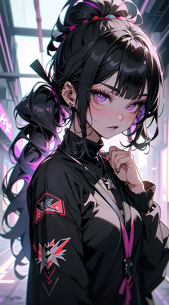 1girl, Holo-Punk Style, black eyes, black hair, black lips, cone hair bun, twin tails, curtains, double bun, hair bun, jewelry, lipstick, long hair, makeup, multicolored hair, necklace, pink hair, solo, upper body, newest, cinematic angle, cinematic lighting, masterpiece, best quality, innocent, cute, , young, (((12 years old)))