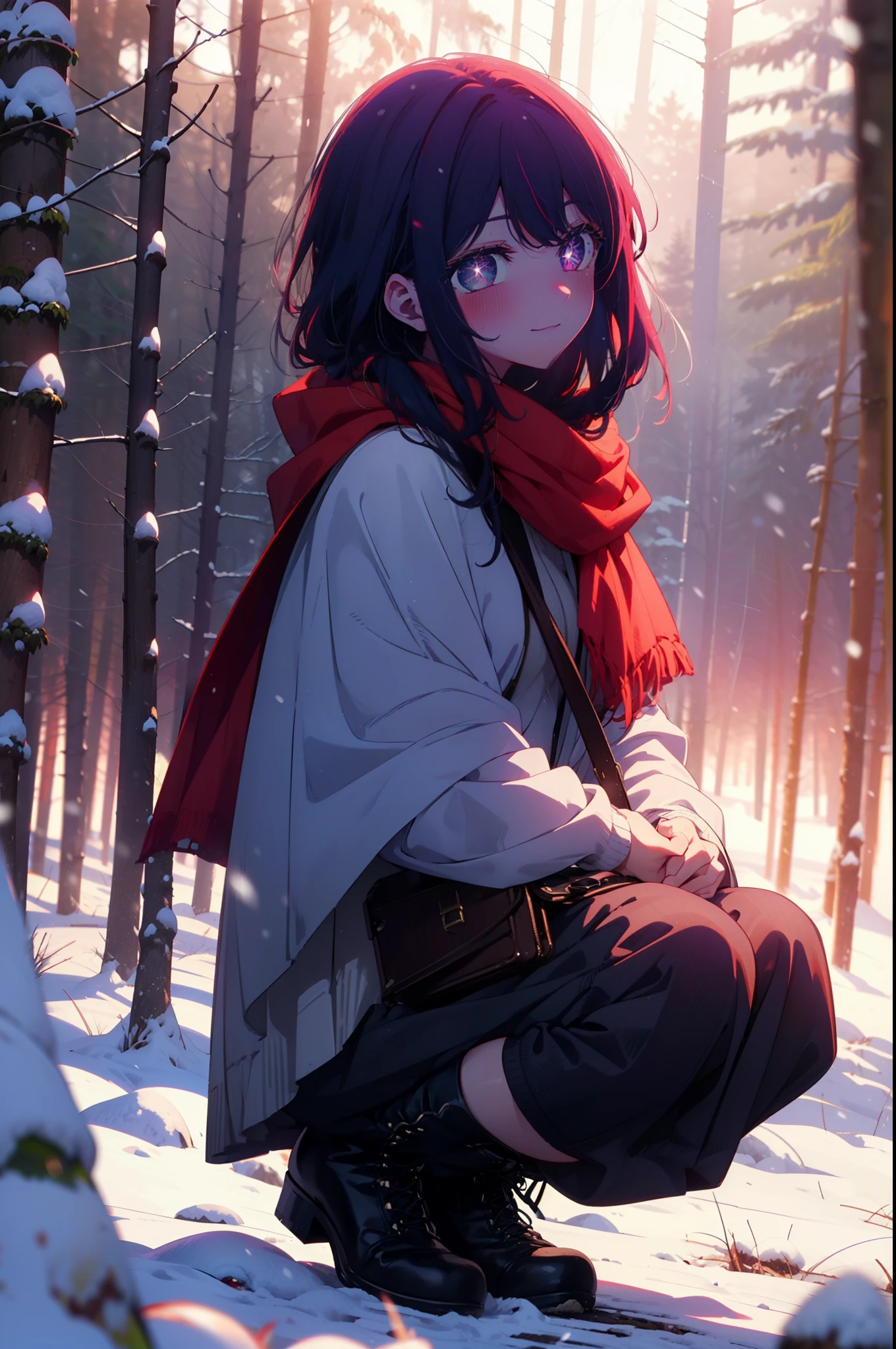 aihoshino, Ai Hoshino, Long Hair, bangs, (Purple eyes:1.1), Purple Hair, (Symbol-shaped pupil:1.5), smile,,smile,blush,White Breath,
Open your mouth,snow,Ground bonfire, Outdoor, boots, snowing, From the side, wood, suitcase, Cape, Blurred, , forest, White handbag, nature,  Squat, Mouth closed, Cape, winter, Written boundary depth, Black shoes, red Cape break looking at viewer, Upper Body, whole body, break Outdoor, forest, nature, break (masterpiece:1.2), highest quality, High resolution, unity 8k wallpaper, (shape:0.8), (Beautiful and beautiful eyes:1.6), Highly detailed face, Perfect lighting, Highly detailed CG, (Perfect hands, Perfect Anatomy),