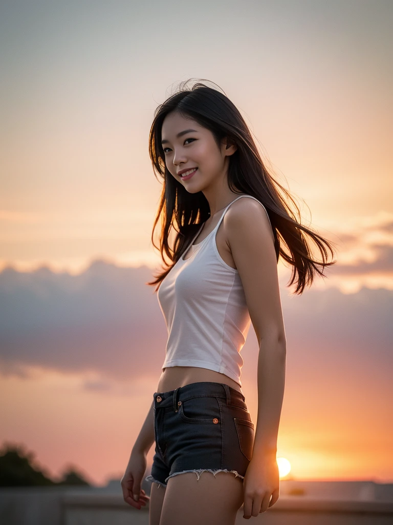 1girl, photo model, smile, focus to viewer, beautiful lighting, best quality, masterpiece, ultra highres, photorealistic, black hair, short tank top, short pants, long stocking, medium breasts, white skin,( sunset background:1.4)