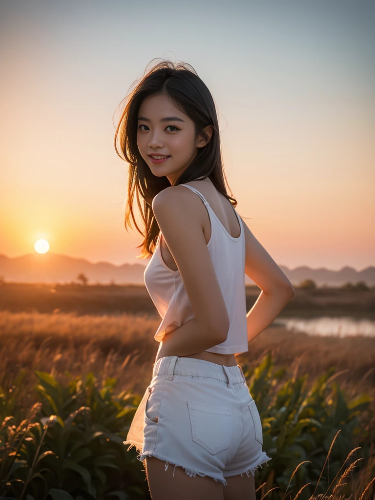 1girl, photo model, smile, focus to viewer, beautiful lighting, best quality, masterpiece, ultra highres, photorealistic, black hair, short tank top, short pants, long stocking, medium breasts, white skin,( sunset background:1.4)