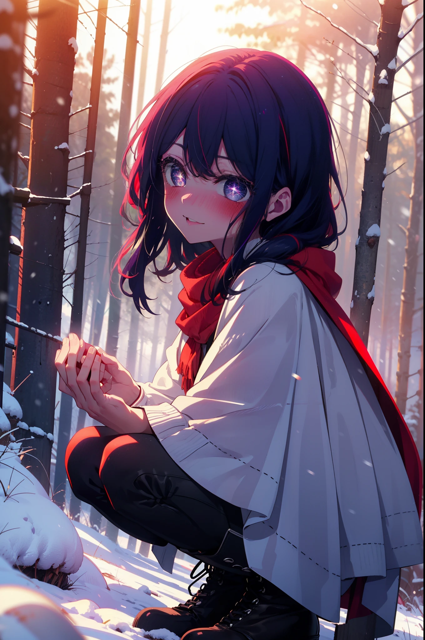 aihoshino, Ai Hoshino, Long Hair, bangs, (Purple eyes:1.1), Purple Hair, (Symbol-shaped pupil:1.5), smile,,smile,blush,White Breath,
Open your mouth,snow,Ground bonfire, Outdoor, boots, snowing, From the side, wood, suitcase, Cape, Blurred, , forest, White handbag, nature, Squat, Mouth closed, Cape, winter, Written boundary depth, Black shoes, red Cape break looking at viewer, Upper Body, whole body, break Outdoor, forest, nature, break (masterpiece:1.2), highest quality, High resolution, unity 8k wallpaper, (shape:0.8), (Beautiful and beautiful eyes:1.6), Highly detailed face, Perfect lighting, Highly detailed CG, (Perfect hands, Perfect Anatomy),