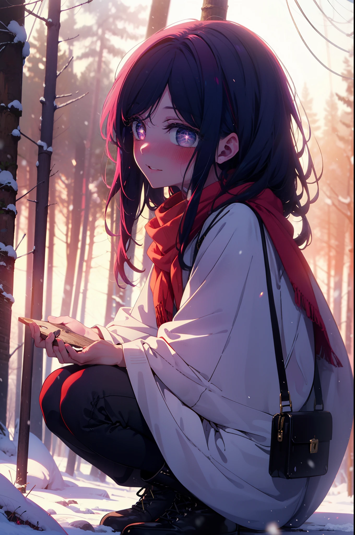 aihoshino, Ai Hoshino, Long Hair, bangs, (Purple eyes:1.1), Purple Hair, (Symbol-shaped pupil:1.5), smile,,smile,blush,White Breath,
Open your mouth,snow,Ground bonfire, Outdoor, boots, snowing, From the side, wood, suitcase, Cape, Blurred, , forest, White handbag, nature, Squat, Mouth closed, Cape, winter, Written boundary depth, Black shoes, red Cape break looking at viewer, Upper Body, whole body, break Outdoor, forest, nature, break (masterpiece:1.2), highest quality, High resolution, unity 8k wallpaper, (shape:0.8), (Beautiful and beautiful eyes:1.6), Highly detailed face, Perfect lighting, Highly detailed CG, (Perfect hands, Perfect Anatomy),