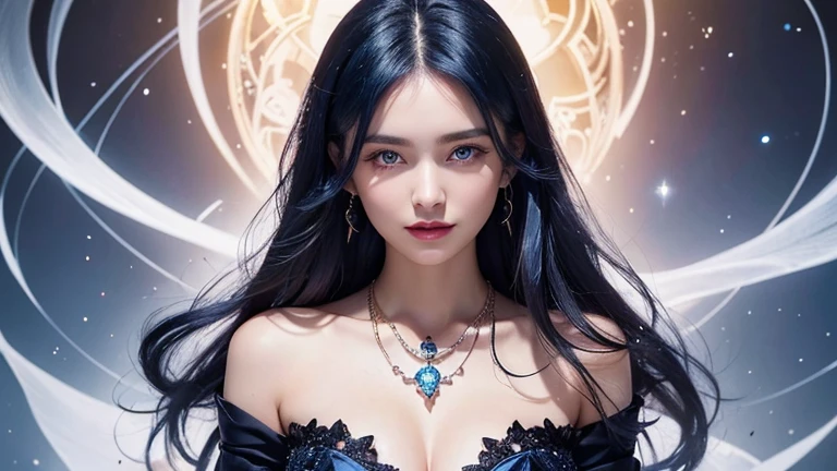Portraiture, Beautiful and mysterious woman with dark blue hair and elegant dress, She wears a large lily-shaped necklace, Hourglass Shape, Symmetrical shapes, Highly detailed face, Beautiful Face, Calm blue eyes, Rich pink lips, smile, Fascinating, Flirting on camera, Amazing digital illustrations, The mysterious quantum environment, Cosmic elements and ethereal atmosphere