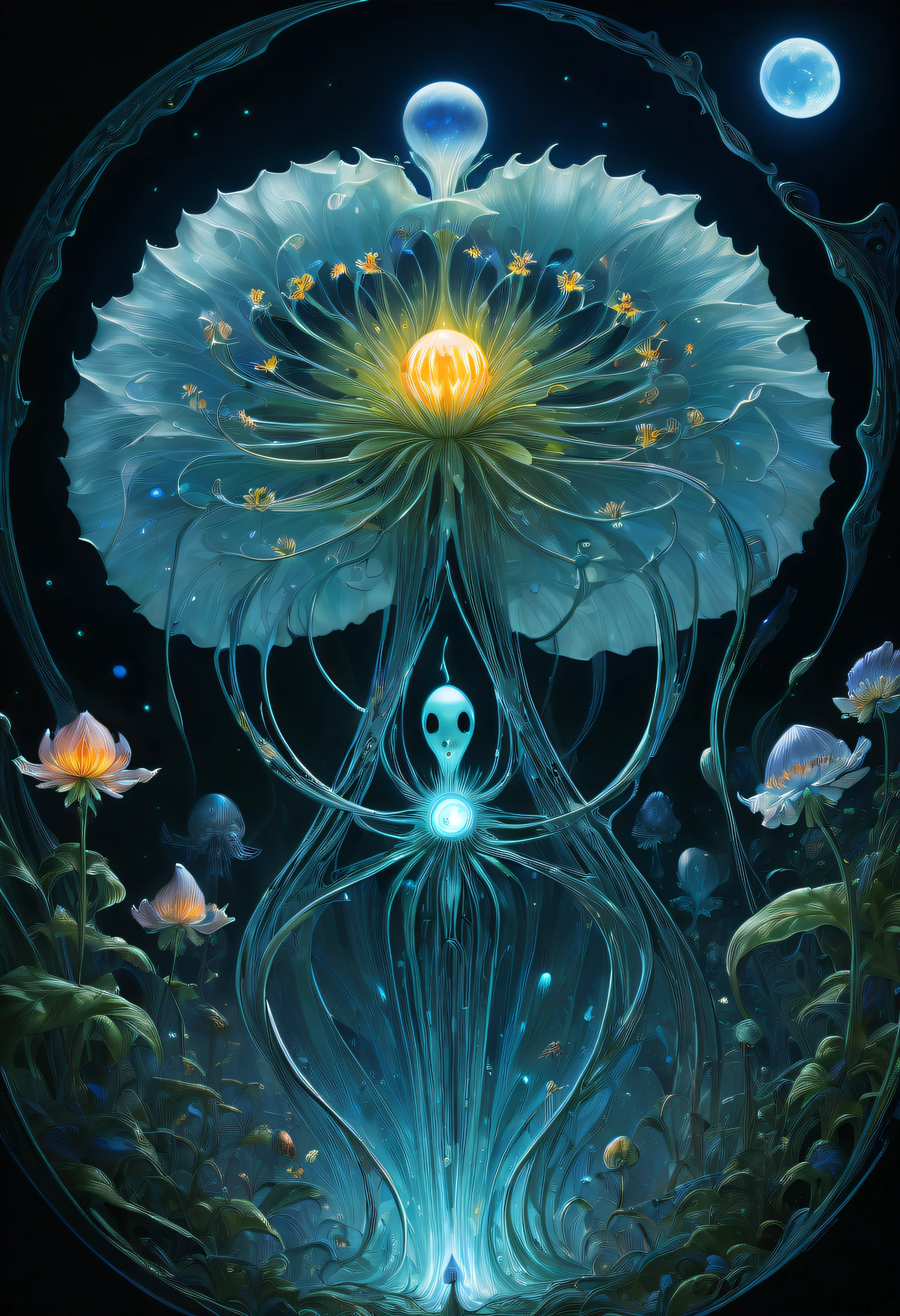Magical plants from the abyss, Demon flower,Images of fascinated witch encountering alien life forms, Illumination of bioluminescent plants, The content is very detailed, Surrealism, 10k high resolution, Gouache style, Graffiti Art, Glaslorne, Influenced by Art Nouveau, dada, and future, The art of lunar encryption,