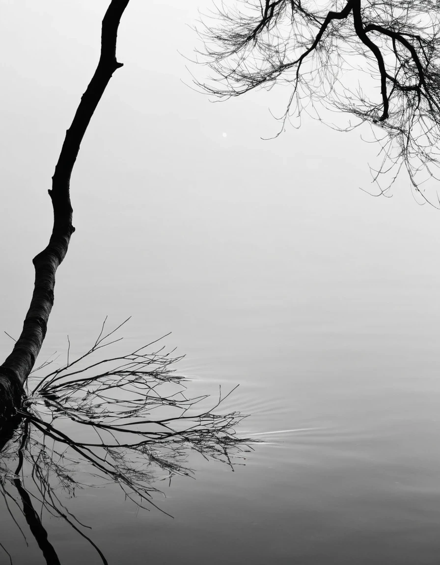 Professional black and white,Branches,Partial reflection, Zen minimalist aesthetic, desktop wallpaper