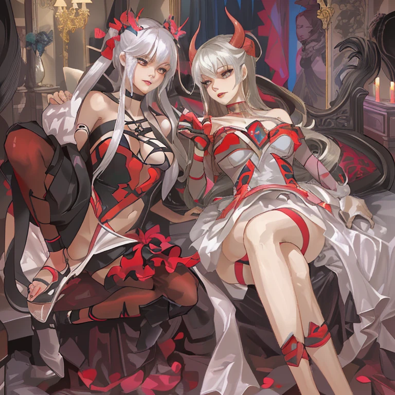 (High resolution,masterpiece:1.2),フルボディLesbian,Lesbian,Glamour Woman:0.7,Bed sex with the devil queen:1.4,training:1.6,((Aggressive women,Top girl))。 (Light)