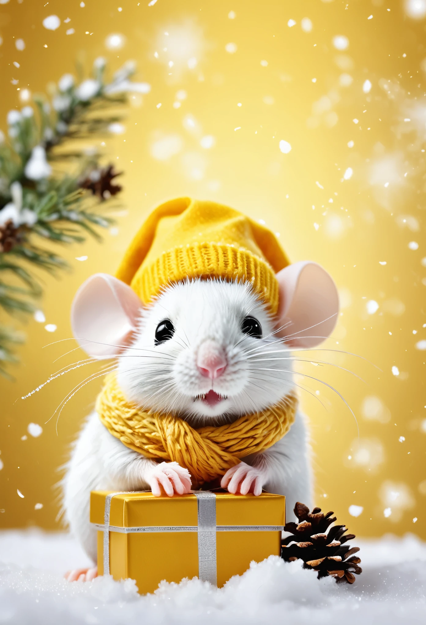 Microscopic image of kute mini white mouse with yellow Christmas hat and scarf with icicles snowballs and ribbons and pine cones and pine needles and gift christmas, blurred background yellow, falling snow, falling snowflakes, unbelievably beautiful. Tilt-shift. illustration, Super high Contrast, beautiful color coding, beautiful color grading,