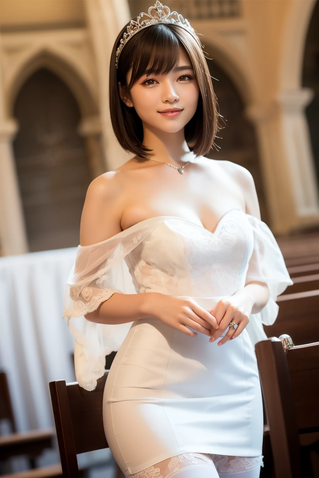 (highest quality:1.5)、(Realistic:1.5)、(1 person:1.5)、(Medium Shot:1.5)、Very detailed、High resolution、8k wallpaper、、Normal milk、Natural color lips、Cute Smile、Japanese women、20-year-old girl、Beautiful and elegant face、Perfect and beautiful face、Large, balanced eyes、Brunette's eyes、Beautiful and elegant face、Beautiful double eyelids、Natural Bangs、Beautiful thin nose、Beautiful Skin、Fair skin、(Medium Bob Hair)、Natural Bangs、Perfect and beautiful face、Slim face and figure、(Looking at the camera with a sweet smile)、Bright lighting、Professional Lighting、Forward lighting、Micro Mini Skirtのプリンセスドレス、tiara、(Wearing white off-the-shoulder wedding dress)、Wedding ceremony in a church with beautiful stained glass、pose for a photo、Micro Mini Skirt、garter belt、Knee-high stockings、