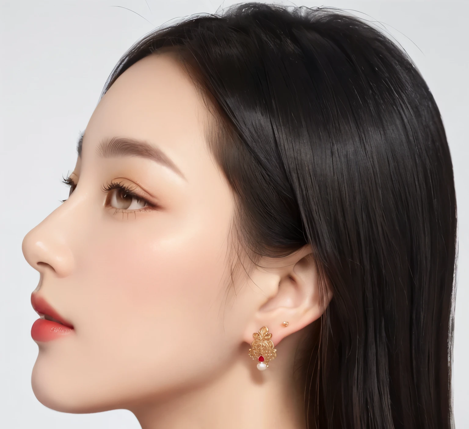 a close up of a woman with a red and gold earrings, wearing ornate earringss, earrings, earringss, With blazing golden wings, Have professional makeup, gold earrings, wearing pearl earringss, Inspired by Huang Ji, an earrings, Beautiful Chinese model, exotic lily ears, multiple earringss, big earringss, Canon eos r 6 shot, long earringss, Gold and red, earrings