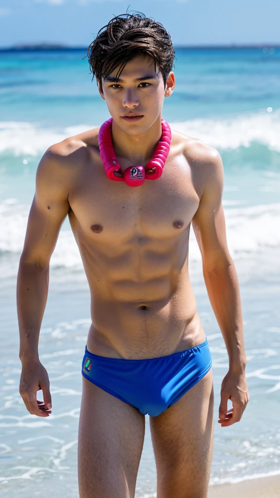 male　Age 25 Lifesaver swimwear cool hawaii  in the evening