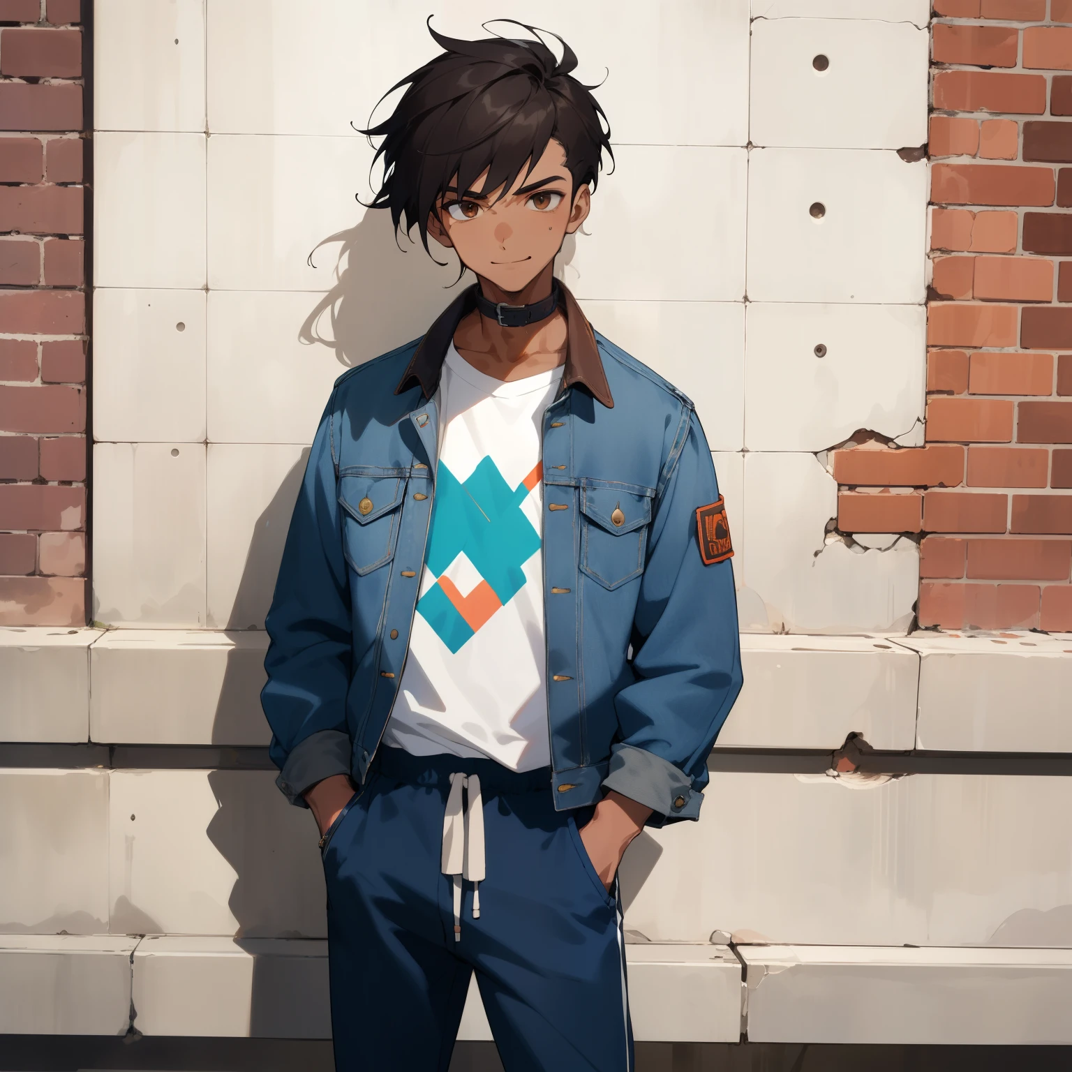Brown boy with stylish attire, Casually leaning against a brick wall, Fashionable streetwear, Sleek designer sneakers, Confident posture, Hands in pockets, Charming smile, Denim jacket with a unique pattern, Vibrant color palette, Collar slightly tucked in, Cap on backwards, Sunlight reflecting off his freshly washed hair, Urban atmosphere, Eye-catching style, Street vibe, Fit and well-groomed, Rodial attitude, Capturing the attention of passersby.