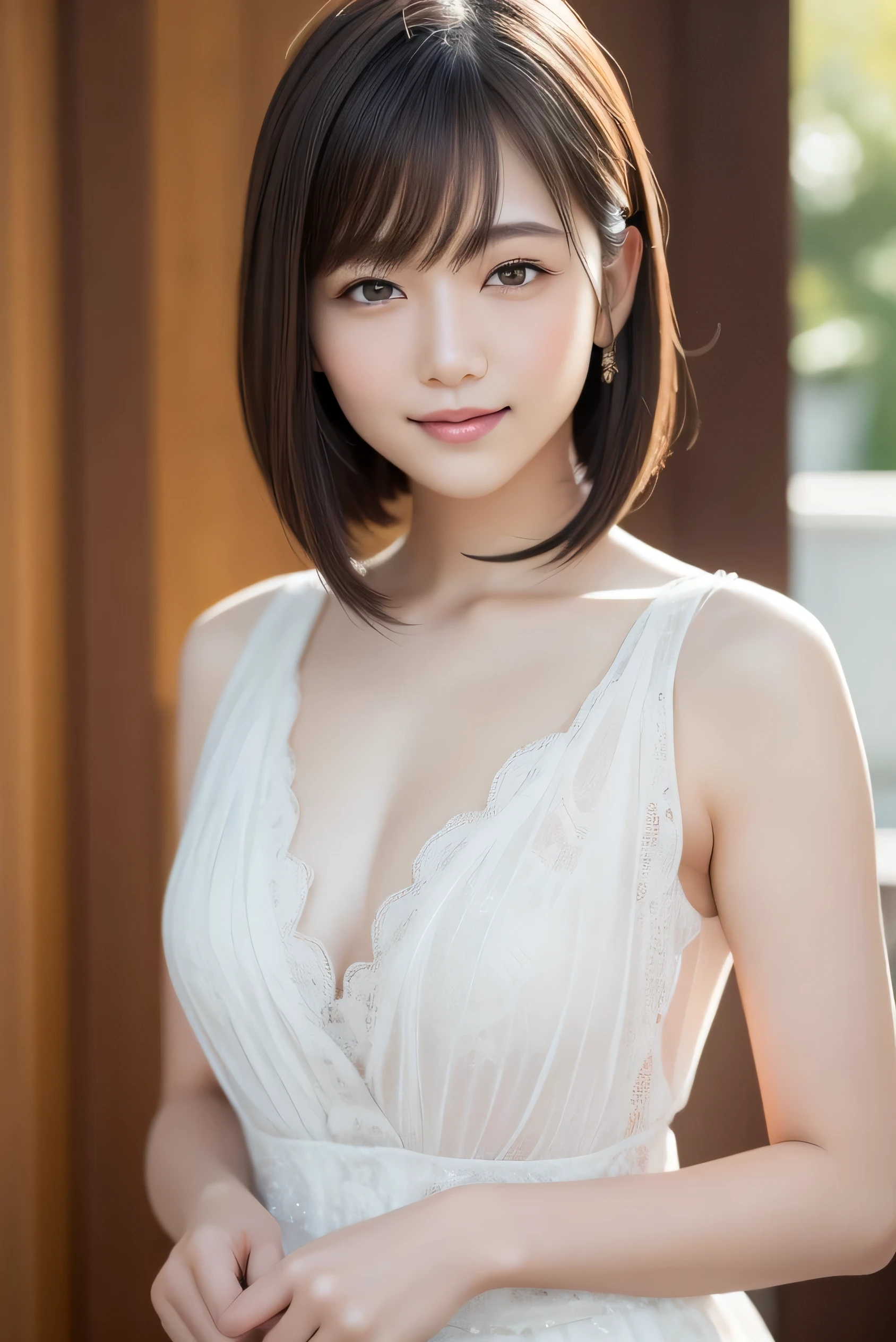 (highest quality: 1.5), (Realistic: 1.5), (1 person: 1.5), (Upper Body: 1.5), Very detailed, High resolution, 8k wallpaper, Small breasts, Natural color lips, Cute Smile, Japanese women, 20-year-old girl, Beautiful and elegant face, Perfect and beautiful face, Big eyes, Brunette's eyes, Beautiful and elegant face, Natural double eyelids, Natural Bangs, Beautiful thin nose, Beautiful Skin, Chestnut Hair, Medium Bob Hair, Shortcuts, Natural Bangs, Perfect and beautiful face, Slim face and figure, (Staring at the camera with a cute expression), Bright lighting, Professional Lighting, Forward lighting, Cute Smile, Ceremony Venue, dress, Beautiful cleavage, mini skirt, Look forward, Simple poses, Fair skin, thin,