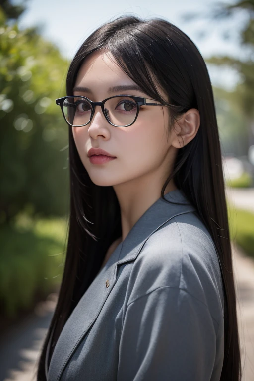 8k, highest quality, masterpiece, realistic, Photoreal, super detailed, Natural light, 1 person, 35 year old female, black hair, medium length straight hair, silver rim glasses, ((look into the viewer's eyes)), pendant, ((((gray knit V-neck shirt)))), highly detailed face and skin, detailed eye, highly detailed face and skin