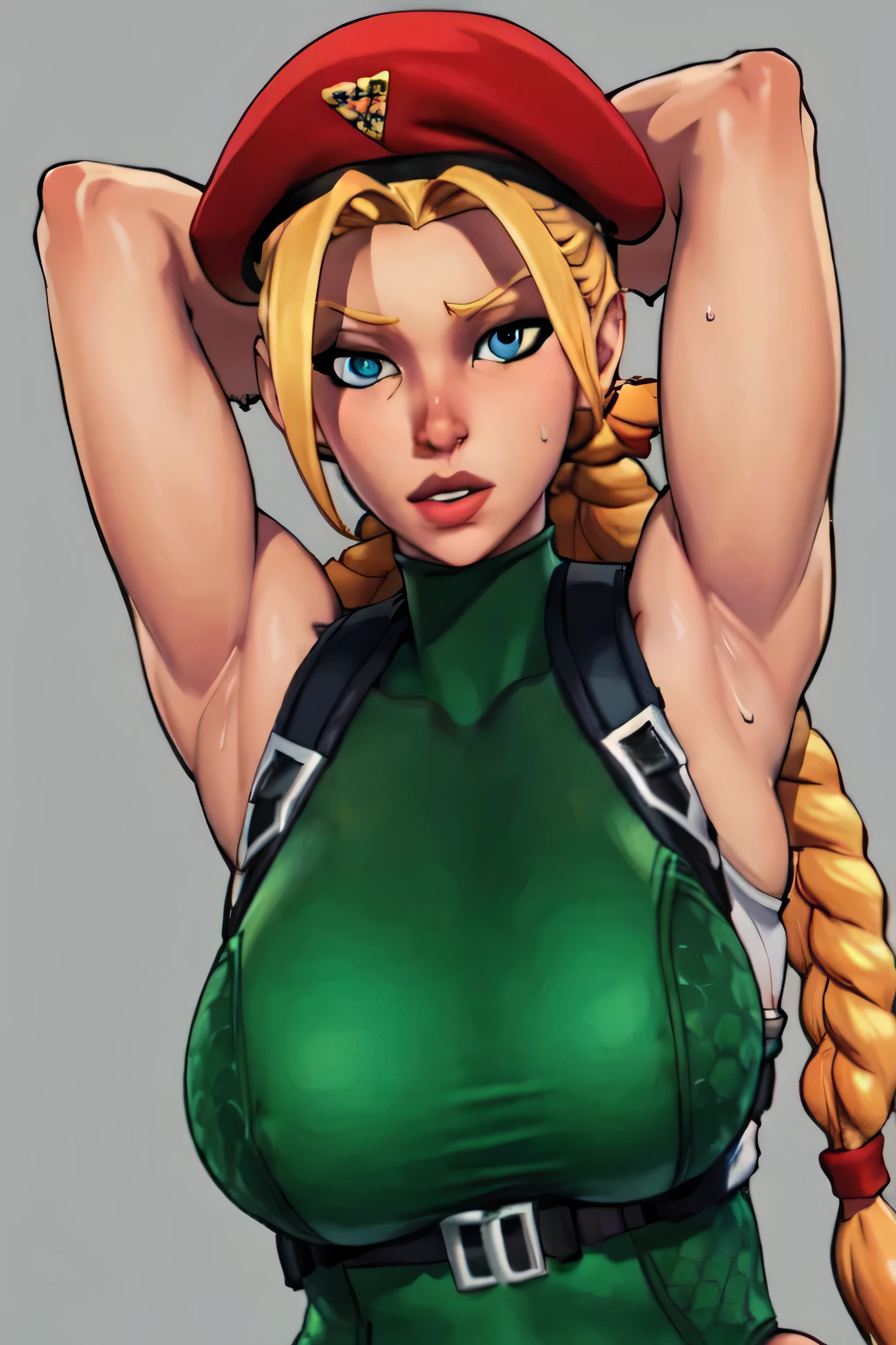 masterpiece,best quality,extreme detail,8k,cammyfn, 1girl, solo, long hair, breasts, blue eyes, blonde hair, large breasts, gloves, hat, upper body, braid, ahoge, twin braids, leotard, lips, makeup, beret, scar, antenna hair, nose, harness, huge ahoge, green leotard,sleeveless,arms behind head,armpit,armpits,sweaty,sweat,arms behind head,exhausted,sleeveless,cross eyed,sweaty armpits