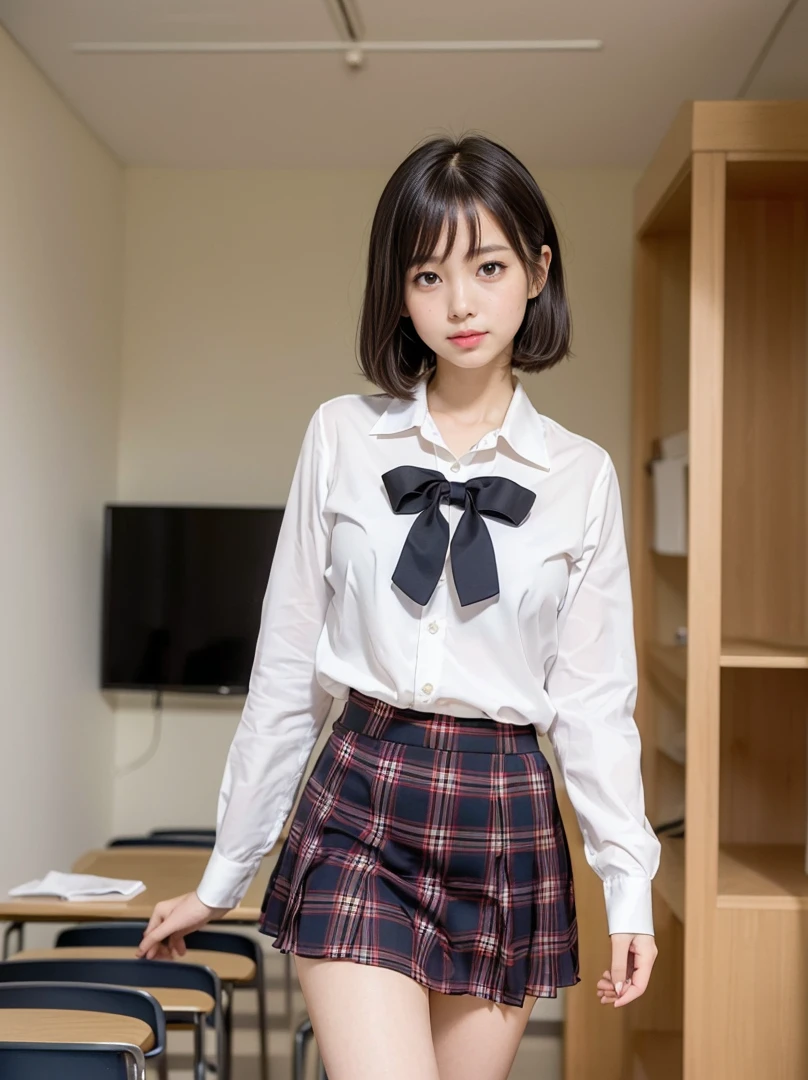 ((Highest quality, 8K, On the table: 1.3, original photo)), Clear focus: 1.2, (1 AESPA girl :1.1), Solitary, (Practical, Reality: 1.37), (Face focus: 1.1), Cute face, Ultra-fine face, Messy short hair, Little Smile, Small Breasts, (Chiffon school uniform: 1.3), Rolled up plaid skirt, (((view all))), (((The skirt is definitely worn))), (((Lift up your skirt)))、Panty focus, (((站立時Lift up your skirt向鏡頭炫耀內褲))), thigh, (classroom: 1.2), flower, Cattleya