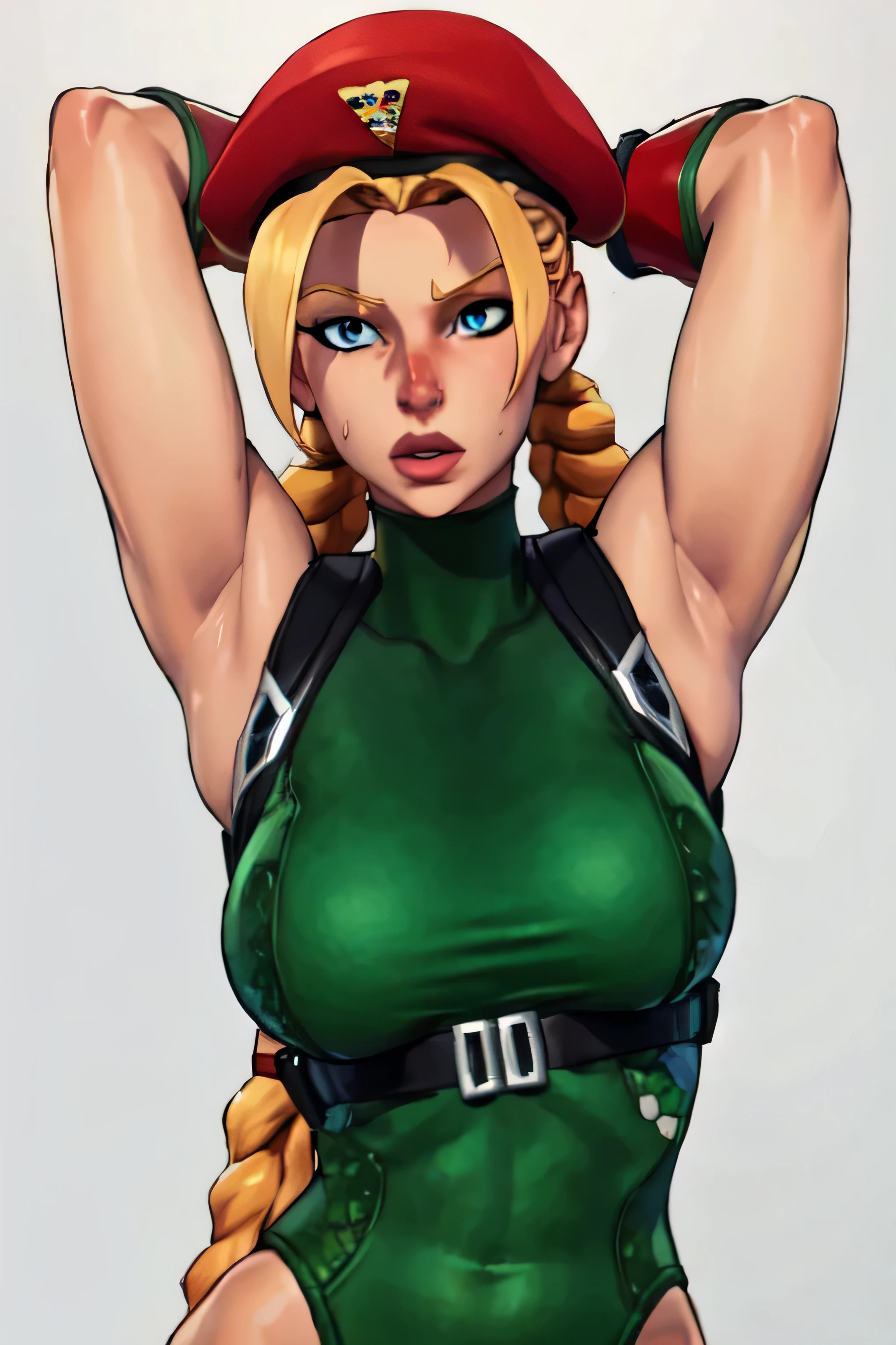 masterpiece,best quality,extreme detail,8k,cammyfn, 1girl, solo, long hair, breasts, blue eyes, blonde hair, large breasts, gloves, hat, upper body, braid, ahoge, twin braids, leotard, lips, makeup, beret, scar, antenna hair, nose, harness, huge ahoge, green leotard,sleeveless,arms behind head,armpit,armpits,sweaty,sweat,arms behind head,exhausted,sleeveless,cross eyed,sweaty armpits