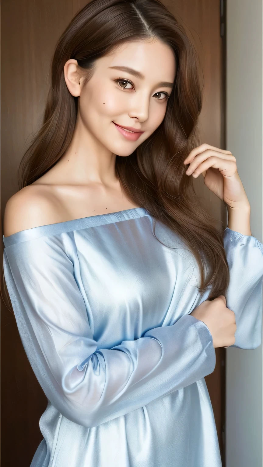 ((highest quality, 8k, masterpiece: 1.3)), 1 female, Japanese Mature,Sensual beauty: 1.3, (Hair style Brown hair Medium wave, big: 1.2), Nightwear: 1.1, Super slender face, Delicate eyes, double eyelid, smile,Dimples,Mole, Home,Plump body,very thick legs,Cowboys photographed from above,