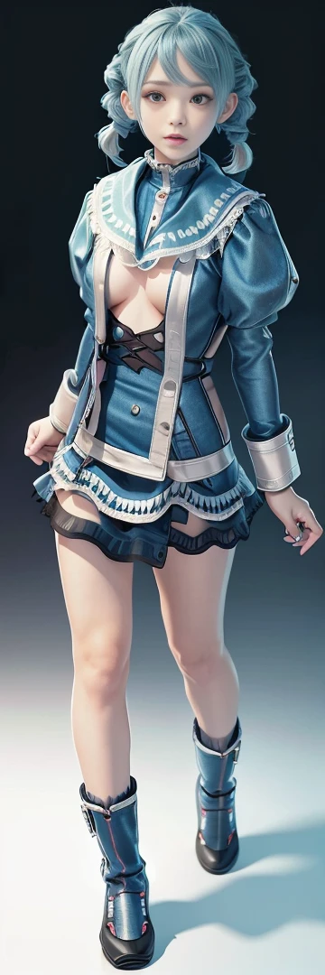 Blue Hair Surrealism, Character table, Reference Table, Standing painting, 8k, Super Detail, 1080P, Women HD, 4K, 8k, 16k, high resolution, best quality, high quality, Anatomically correct, masterpiece, precise, Ultra HD，grace，Unreal Engine，Delicate face，Long braids，slim，Long legs，miniskirt