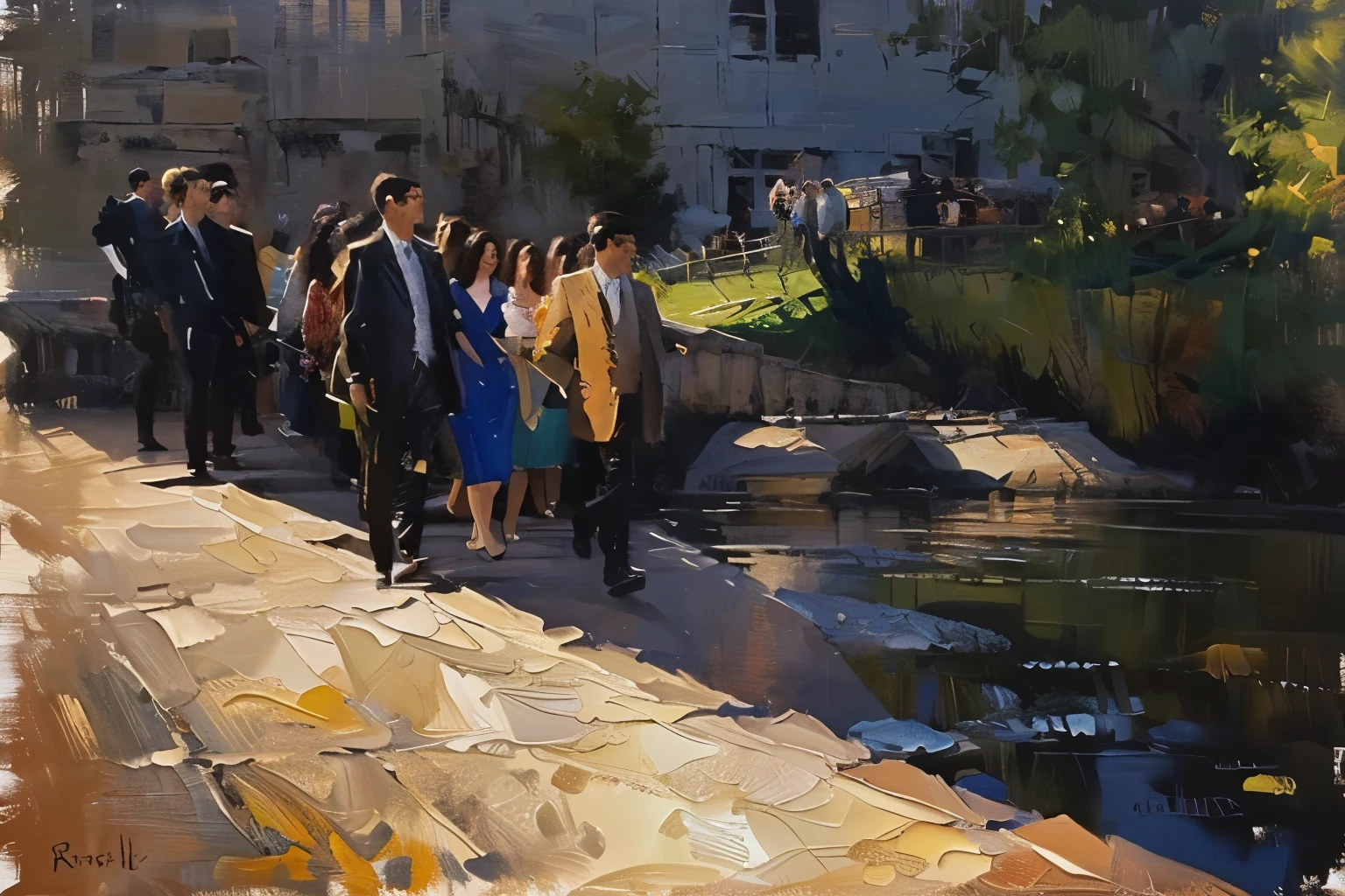 Several people walking on a brick stone bridge by the river, crowd，正在走路的crowd，Oil painting style，Oil painting brush strokes，Realism，现代crowd，Sunlight at dusk，Stone steps on the bridge，