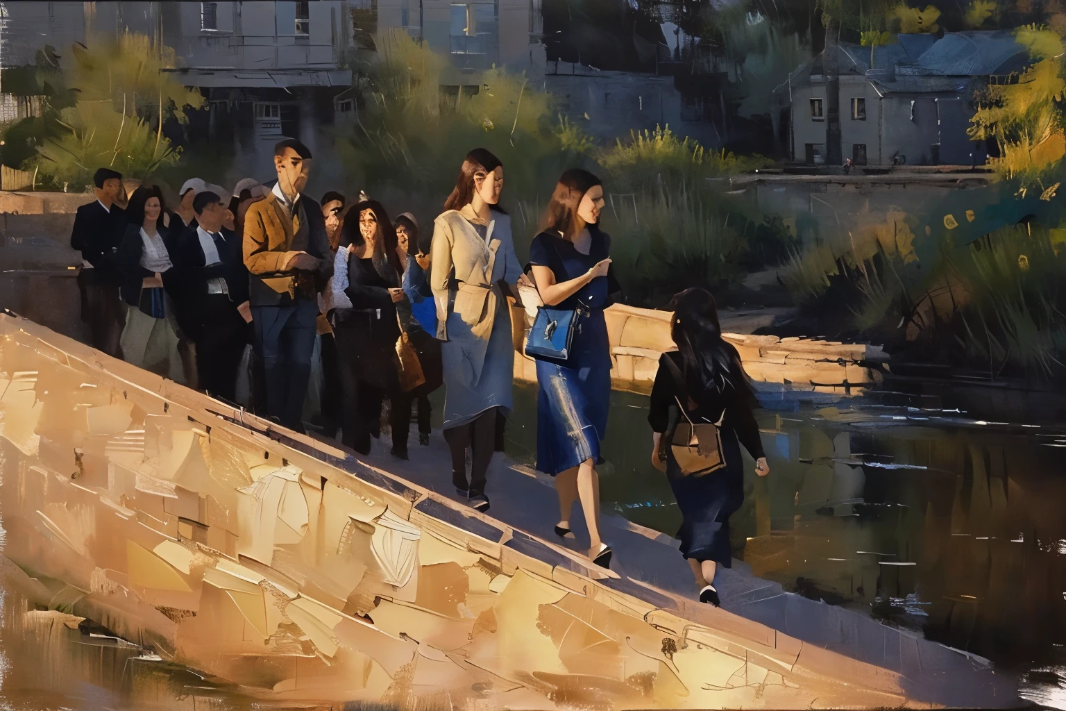 Several people walking on a brick stone bridge by the river, crowd，正在走路的crowd，Oil painting style，Oil painting brush strokes，Realism，现代crowd，Sunlight at dusk，Stone steps on the bridge，