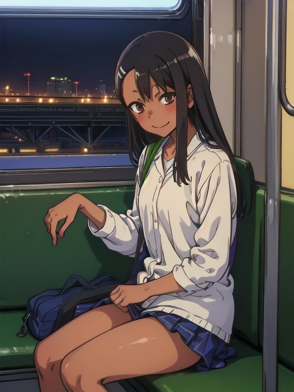 (1) Sitting alone on a long seat in a train,Sit with your legs apart,Composition from the front,Low - Angle,
(2) I&#39;m a jk,She is wearing a uniform consisting of a miniskirt, sailor suit and loose socks.,White panties shown from the front,
(3) I have medium length brown hair,
(4) The expression is provocative and smirking.,
(5) The location is a long seat on the Yamanote Line at night.,There are no other customers,The view outside the window is the night view of the city