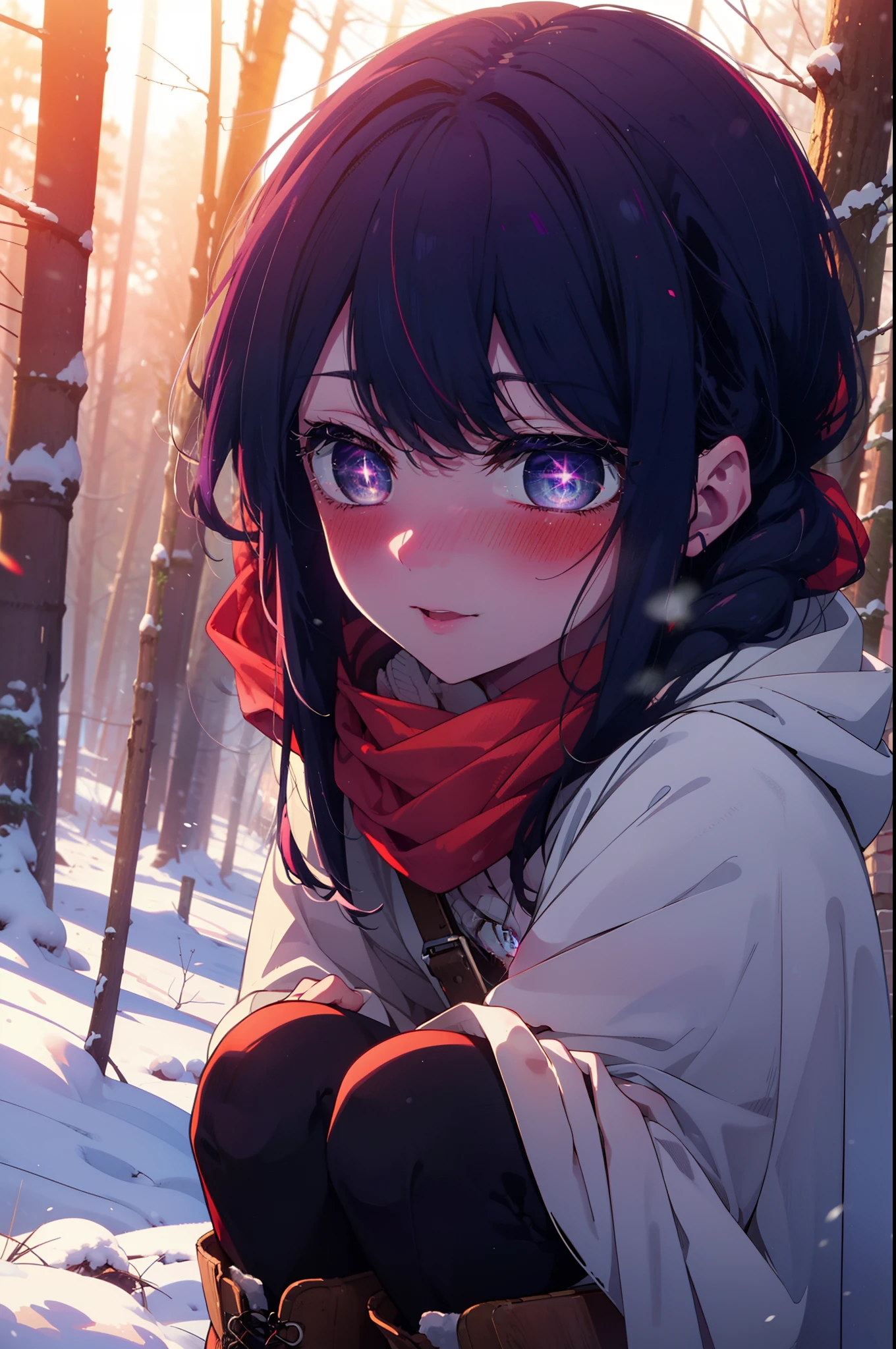 aihoshino, Ai Hoshino, Long Hair, bangs, (Purple eyes:1.1), Purple Hair, (Symbol-shaped pupil:1.5), smile,,smile,blush,White Breath,
Open your mouth,snow,Ground bonfire, Outdoor, boots, snowing, From the side, wood, suitcase, Cape, Blurred, , forest, White handbag, nature, Squat, Mouth closed, Cape, winter, Written boundary depth, Black shoes, red Cape break looking at viewer, Upper Body, whole body, break Outdoor, forest, nature, break (masterpiece:1.2), highest quality, High resolution, unity 8k wallpaper, (shape:0.8), (Beautiful and beautiful eyes:1.6), Highly detailed face, Perfect lighting, Highly detailed CG, (Perfect hands, Perfect Anatomy),
