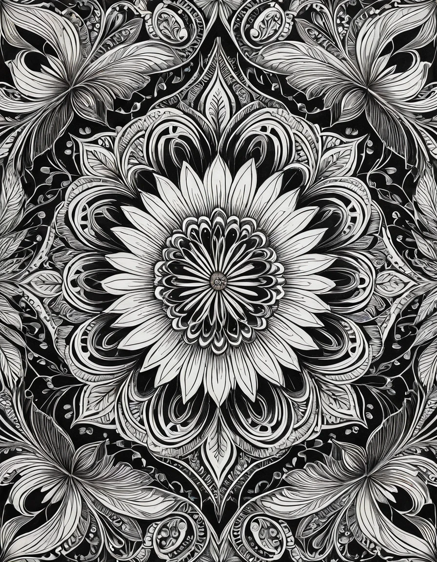 A black and white doodle art on paper, resembling a pattern from a coloring book. (best quality,4k,8k,highres,masterpiece:1.2),ultra-detailed,(realistic,photorealistic,photo-realistic:1.37),pencil sketch, intricate details, fine lines, intricate patterns, monochrome, pen strokes, abstract design, creative expression, shading technique, hand-drawn, intricate crosshatching, symmetrical composition, harmonious balance, contrasting elements, repetitive motifs, mesmerizing optical illusion, intricate floral patterns.