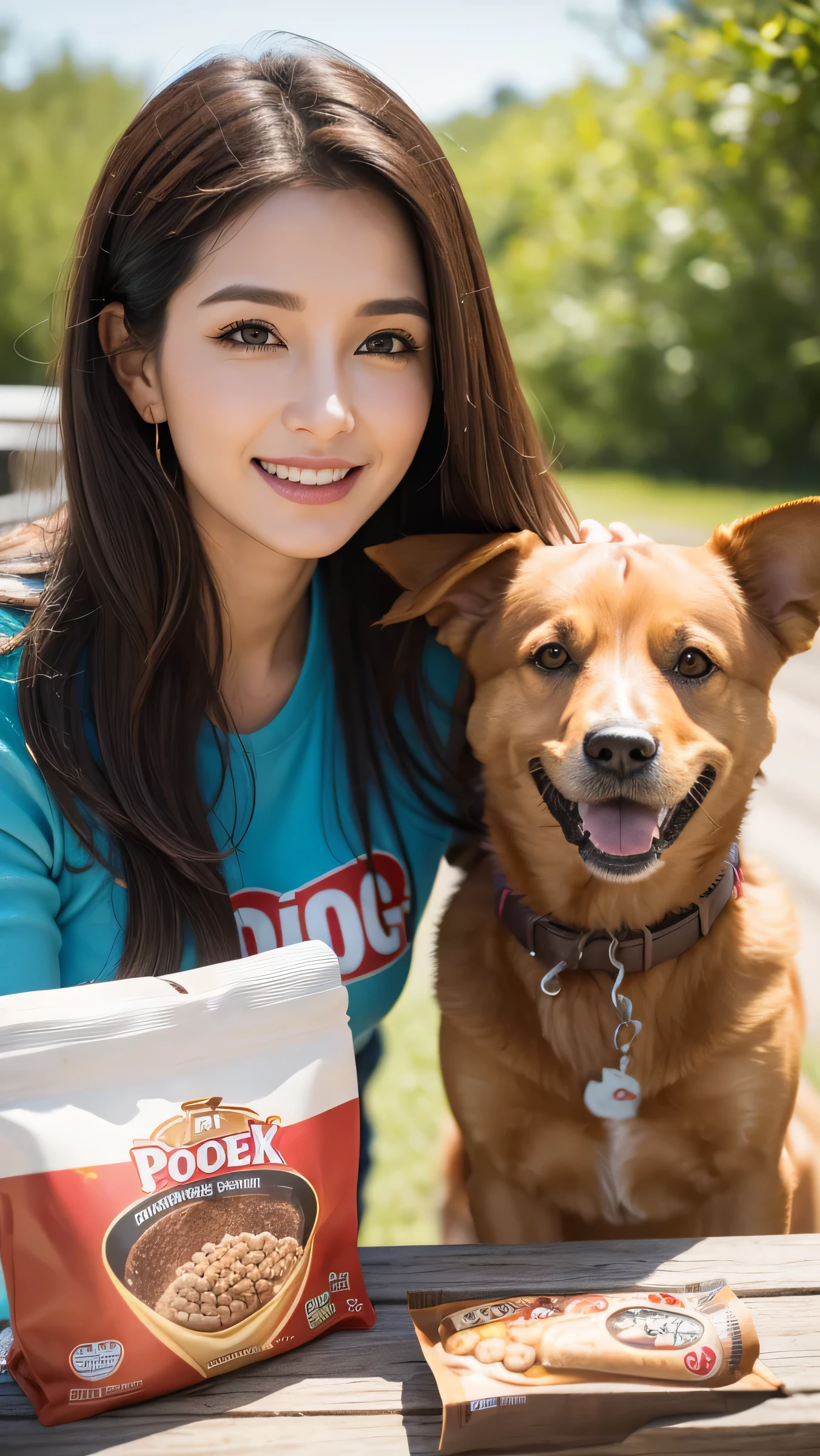 create a realistic advertisement picture featuring a woman and her dog promoting the dog food can