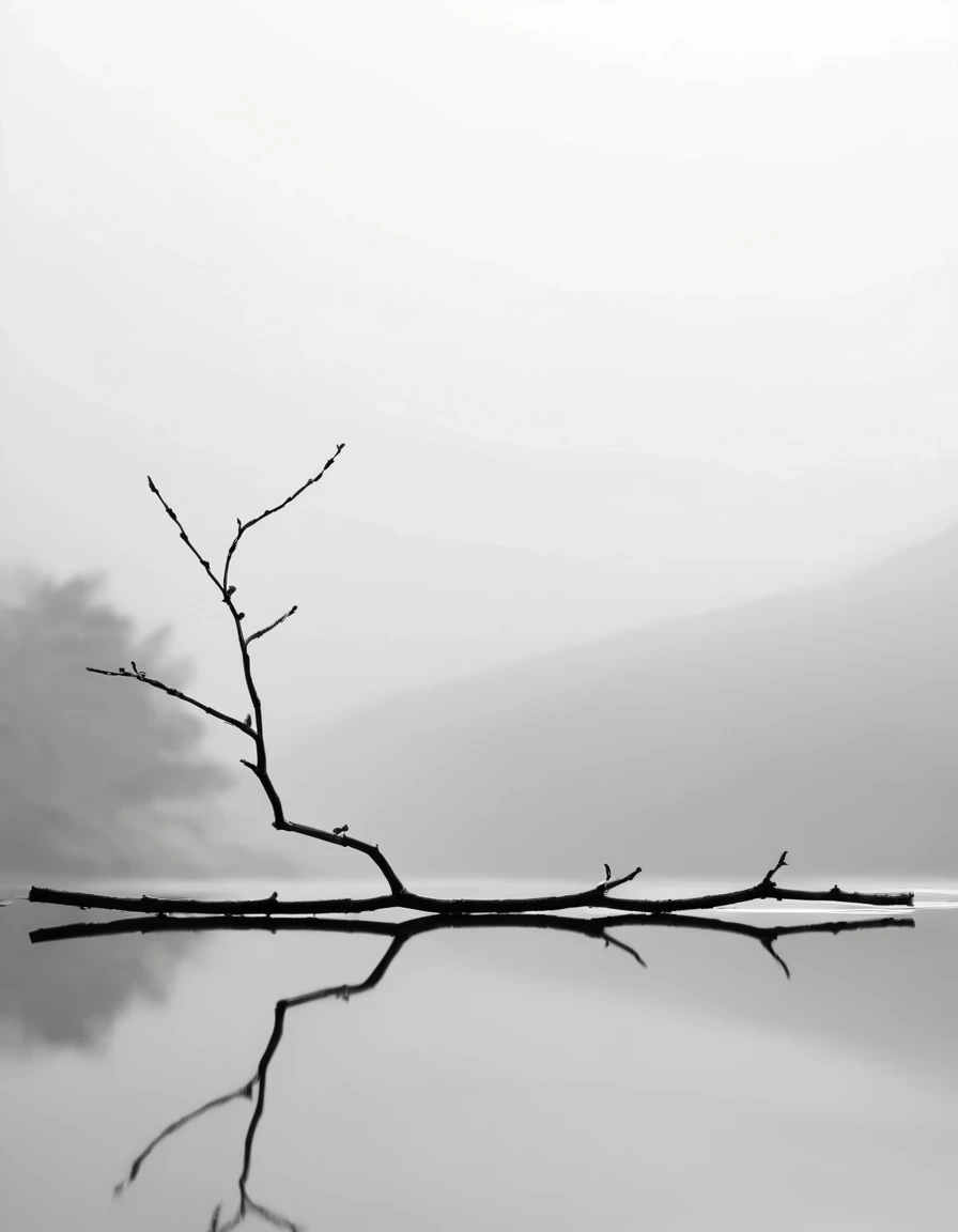 Professional black and white，A twig，Partial reflection， Zen minimalist aesthetic， desktop wallpaper 