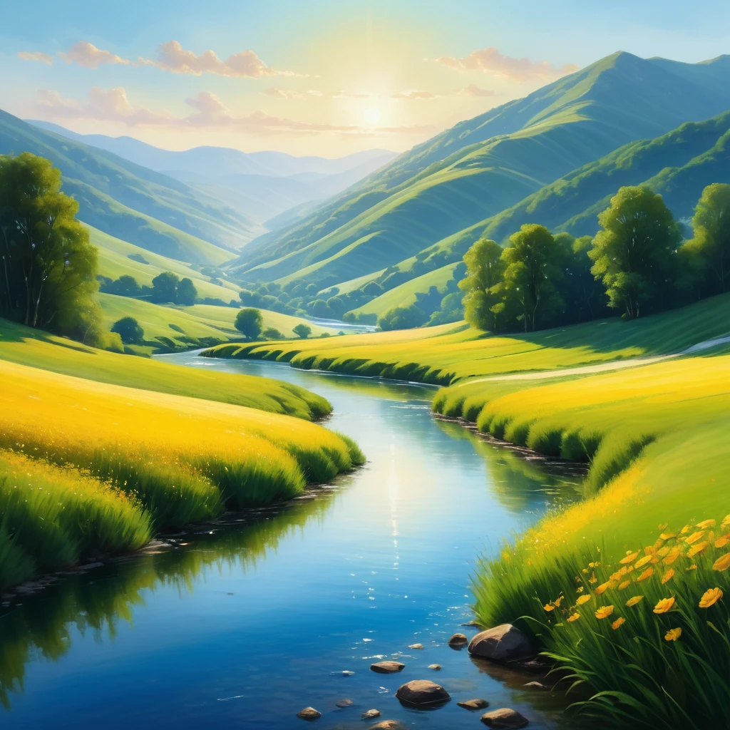 (best quality,4k,8k,highres,masterpiece:1.2),ultra-detailed,(realistic,photorealistic,photo-realistic:1.37),landscape,oil painting,vivid colors,impressionist style,sunny,hills,meadows,trees,flowers,river,calming,majestic mountains,golden sunlight,serene atmosphere,beautifully detailed foliage,gentle breeze,peaceful ambiance,bright blue sky,reflection in the water,soft rolling hills,graceful curves,nature's beauty,lush greenery,colorful palette,tranquil scene,harmonious composition,light and shadows blending seamlessly,dreamlike quality,inviting scenery.