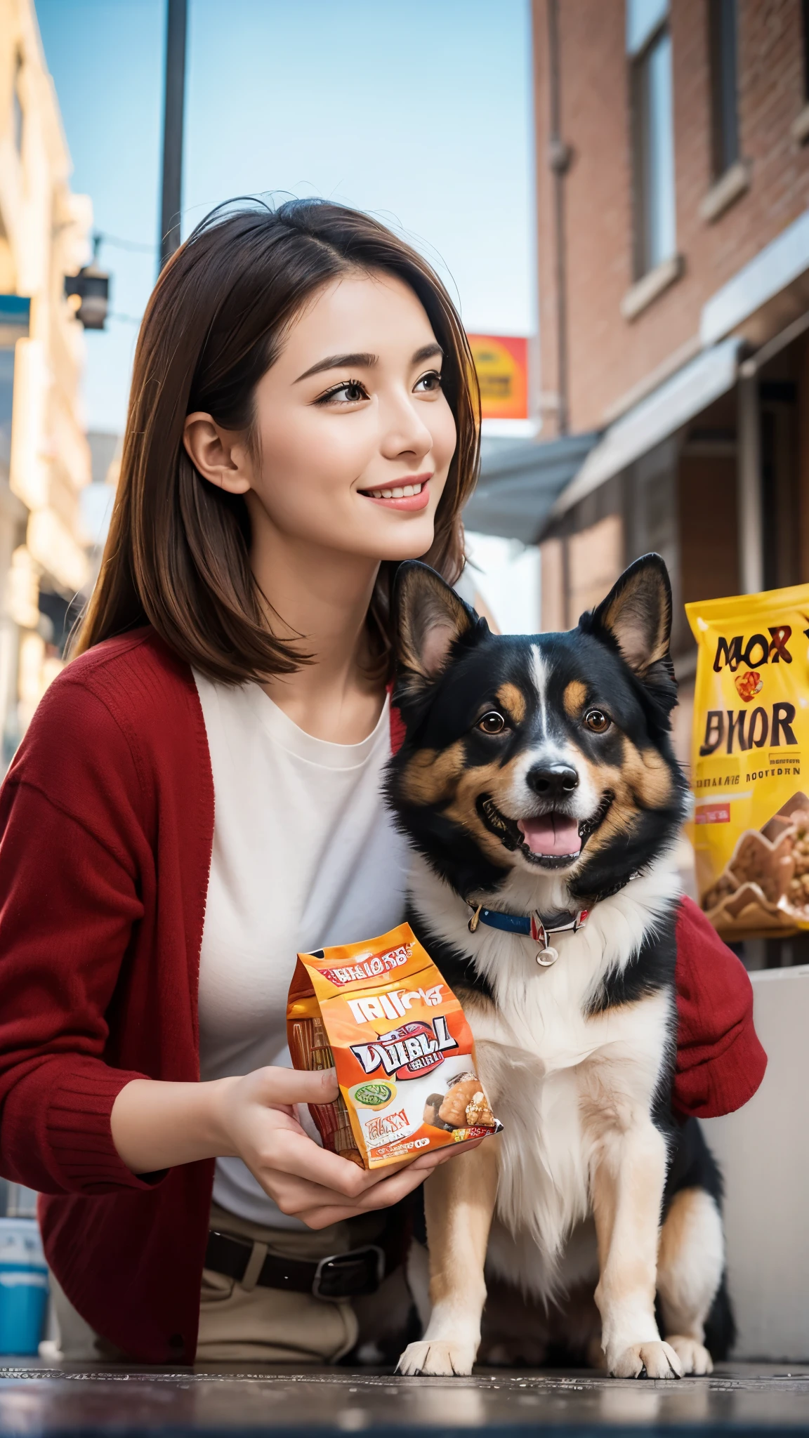 create a realistic advertisement picture featuring a woman and her dog promoting the dog food can