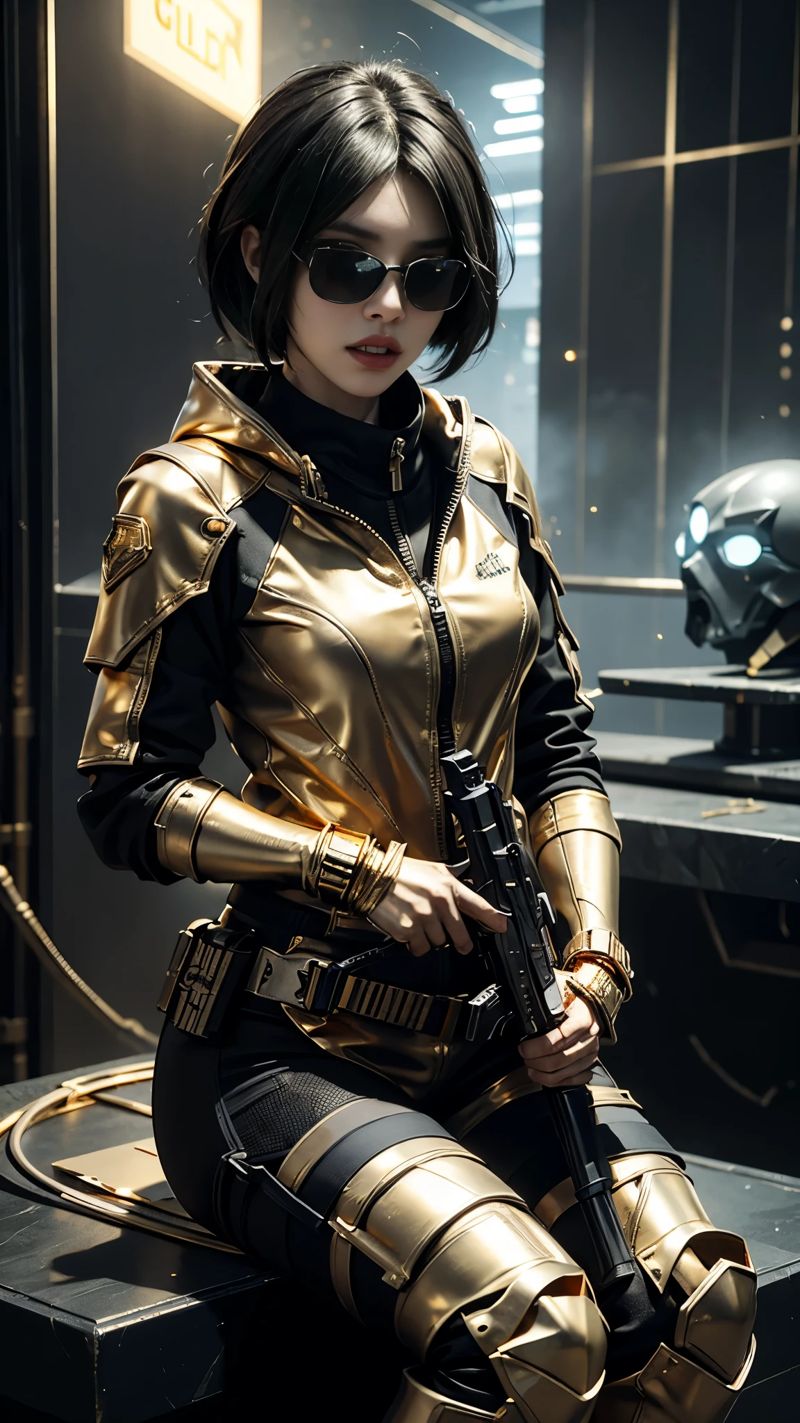 8K, UHD, masterpiece, 1 girl, detailed face, smart face, ((sunglasses)), detailed eyes, sniper rifle in hand, battleroyal, call of duty cosplay, call of duty modern warfare 3, ((ghost tribe)), ((golden and black cosplay:1.5)), belts, gun, methic gun, futuristic art, cyberpunk lihting, ultra extreme graphics, RTX 4090, ray tracing, bloom, depth of field, motion blur, siting,