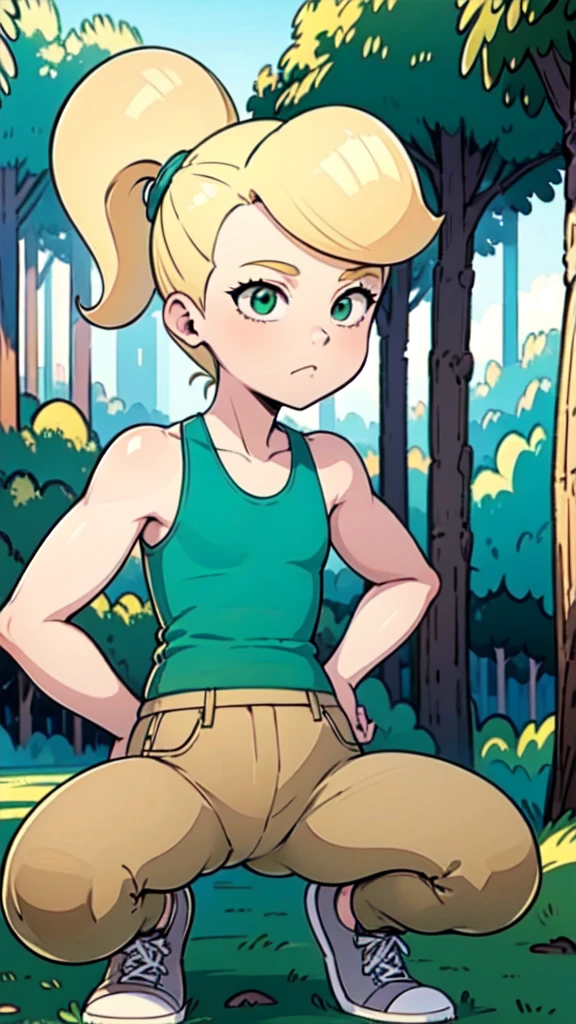 1girl, solo, blonde hair, cindy vortex, ponytail, green eyes, green tank top, brown pants, , striped tank top, bangs,     hand on hips, forest, squatting, spread legs,