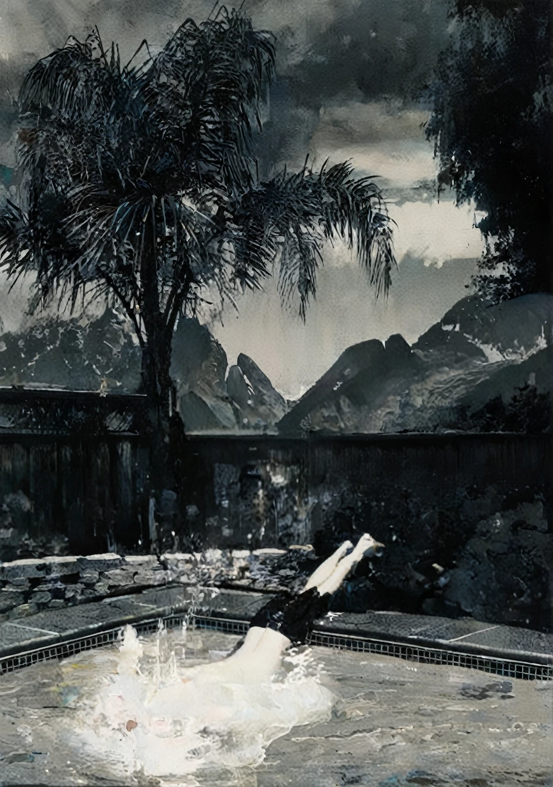 (Diving people:2),(swimming pool theme:1.5),(Diving theme:1.5),(Thriller:1.5),(Inspired by Stephen King:1.5),(Dark Fantasy:1.5), (Ink Painting:1.5), (black and white:1.5), 8K, 4k, (landscape:1.5),(A lot of water splashed towards the audience:1.5),(destroyed:1.5),(destroyed village:1.5),(19th century:1.5), (destroyed theme:1.5),(Many flying butterflies:1.5),(Puddle:1.5),(Unpaved roads:1.5),(absurd:1.5),(excellent:1.5),(best quality:1.5),(masterpiece:1.5),Whole body length,Quartz manganese oxide babygirl ,full-body shot,险恶的landscape,Fluorite tungstenite atmosphere, Simon Starhag,Nicomoli,Wanjichi Mutu,primary color,Very detailed,masterpiece,Intricate details,fade,eyes Very detailed, Highly detailed eyes,16k resolution,Raw, Nikon Z9,Horror swimming pool,Whole body length,ghost彩虹色,Intricate details,Stone Forest, Yunnan, China,best quality, Extremely detailed, Practical, portrait, Dark and eerie atmosphere, Glowing eyes, The ethereal existence, unforgettably beautiful, Ghosting, Mist rolling, Paranormal Entities, Devil's Essence, Shadow form, Weird Whisper, breath, 皮肤苍白得Unforgettable, dark and twisted branches, Flickering candlelight, horror element, Mystery, ghost, Gothic art style, Unforgettable, Spectrum, Unforgettable melancholy, otherworldly beauty, Ethereal Light, Unforgettable, Chilling and atmospheric, Epoachy lights.old mantle city