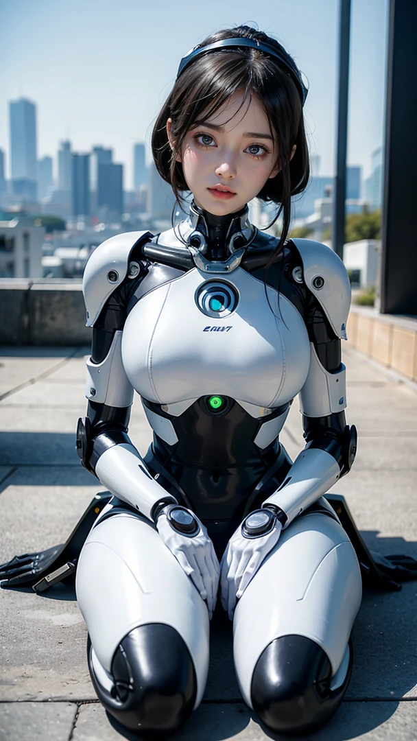 ALAFAD woman in white and black clothes sitting on the floor, perfect android girl, Biomechanics Oppai, Complete!! girl, European Cyberpunk, cute cyborg girl, beutiful white girl cyborg, Wearing a human mask, Japan, girl wearing robotic suit, beutiful girl cyborg, cyborg girl, Cyber Litigation, Anime mixed with organic