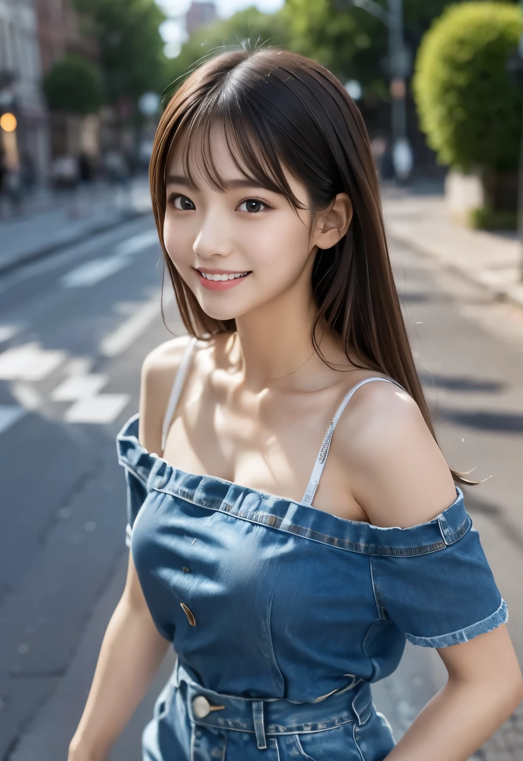(masterpiece, best quality:1.1), (8k, raw photo, photo realistic:1.2, f22), (shiny skin), detailed skin,long hair,ribbon,detailed face, detailed eyes,smile,BREAK, real world, intricate details, smil, BREAK, 1girl, full body,(short sleeve,dress,denim)BREAK, (street:1.4)