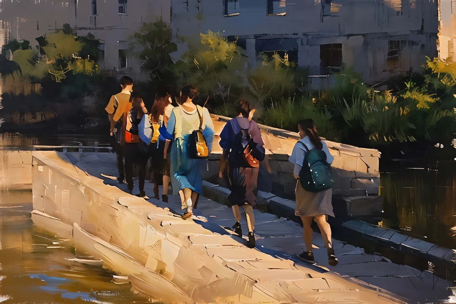 Several people walking on a brick stone bridge by the river, crowd,正在走路的crowd,Oil painting style,Oil painting brush strokes,Realism,现代crowd,Sunlight at dusk,Stone steps on the bridge,