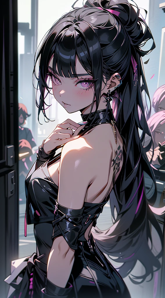 1girl, Holo-Punk Style, black eyes, black hair, black lips, cone hair bun, twin tails, curtains, double bun, hair bun, jewelry, lipstick, long hair, makeup, multicolored hair, necklace, pink hair, solo, upper body, newest, cinematic angle, cinematic lighting, masterpiece, best quality、sexy, exotic, provocative expression, revealing clothing, young, nsfw